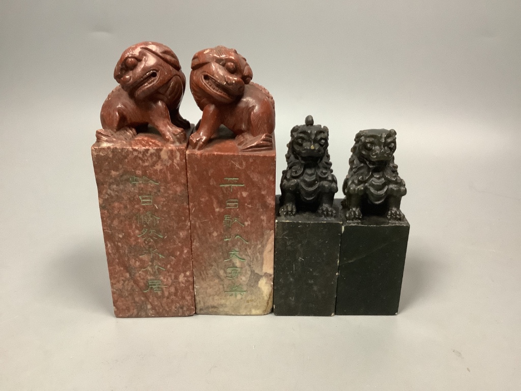 A pair of Chinese ‘chicken’s blood’ soapstone seals and eight other soapstone seals, tallest 13cm, Provenance: Henri Ely Thence to his son General Paul Ely